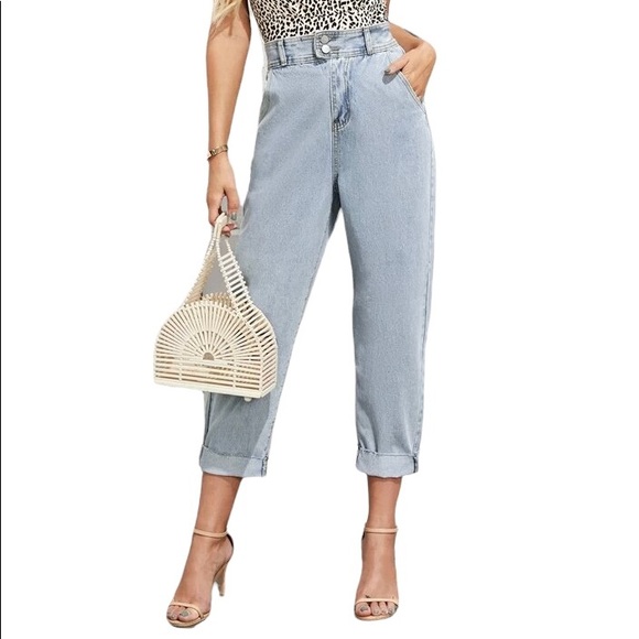 High Rise Raw Hem Mom Jeans Double Button with Zip Fly Blue Size Medium (6) - Picture 3 of 6